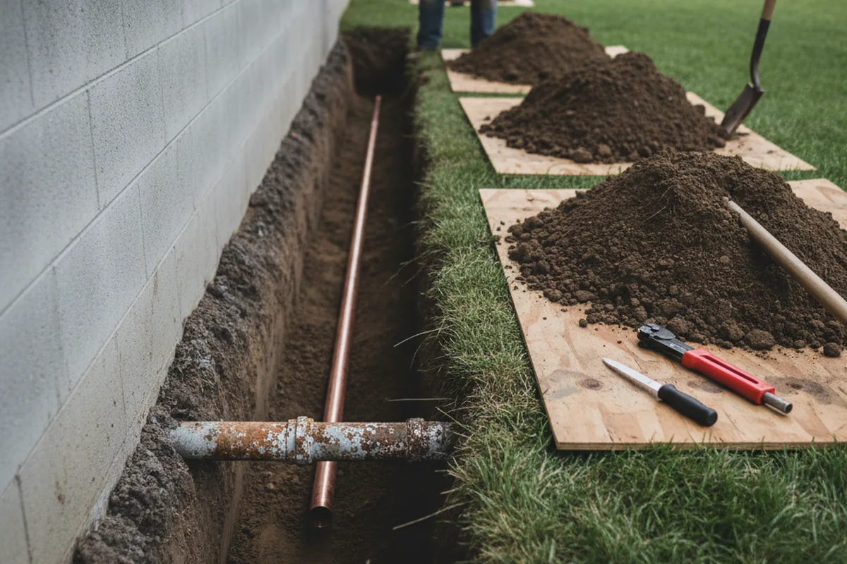 Excavated water line trench during Sewer Line Repair in Convent Station